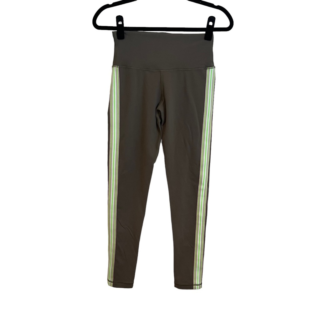 TNA joggers medium army green with gray bright green and cream leg stripes